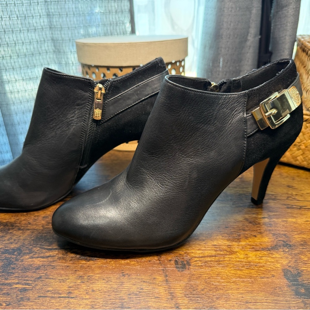 Vince Camuto Black Ankle Booties with Gold Buckle